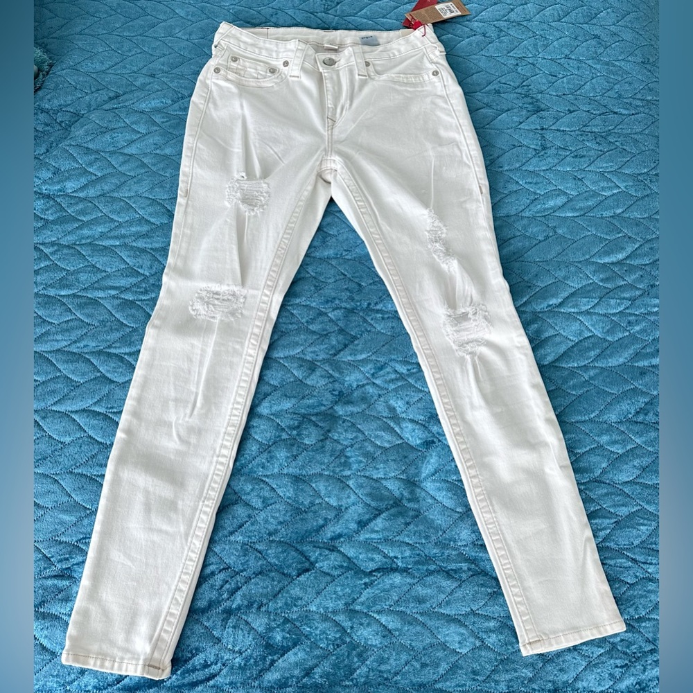 NWT True Religion “Optic White” Cream Ivory Ripped Skinny Curvy Jeans - W 31